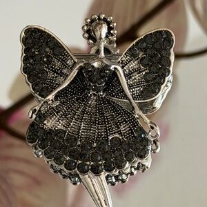 Crystal Fairy Brooch Pin in Silver and Black